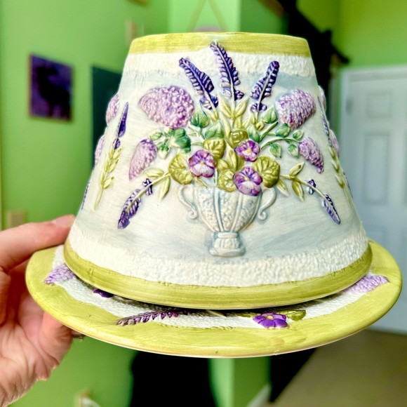 Yankee Candle Other - Vintage Purple Florals Yankee Candle Shade Topper & Dish Set Table Decor Art